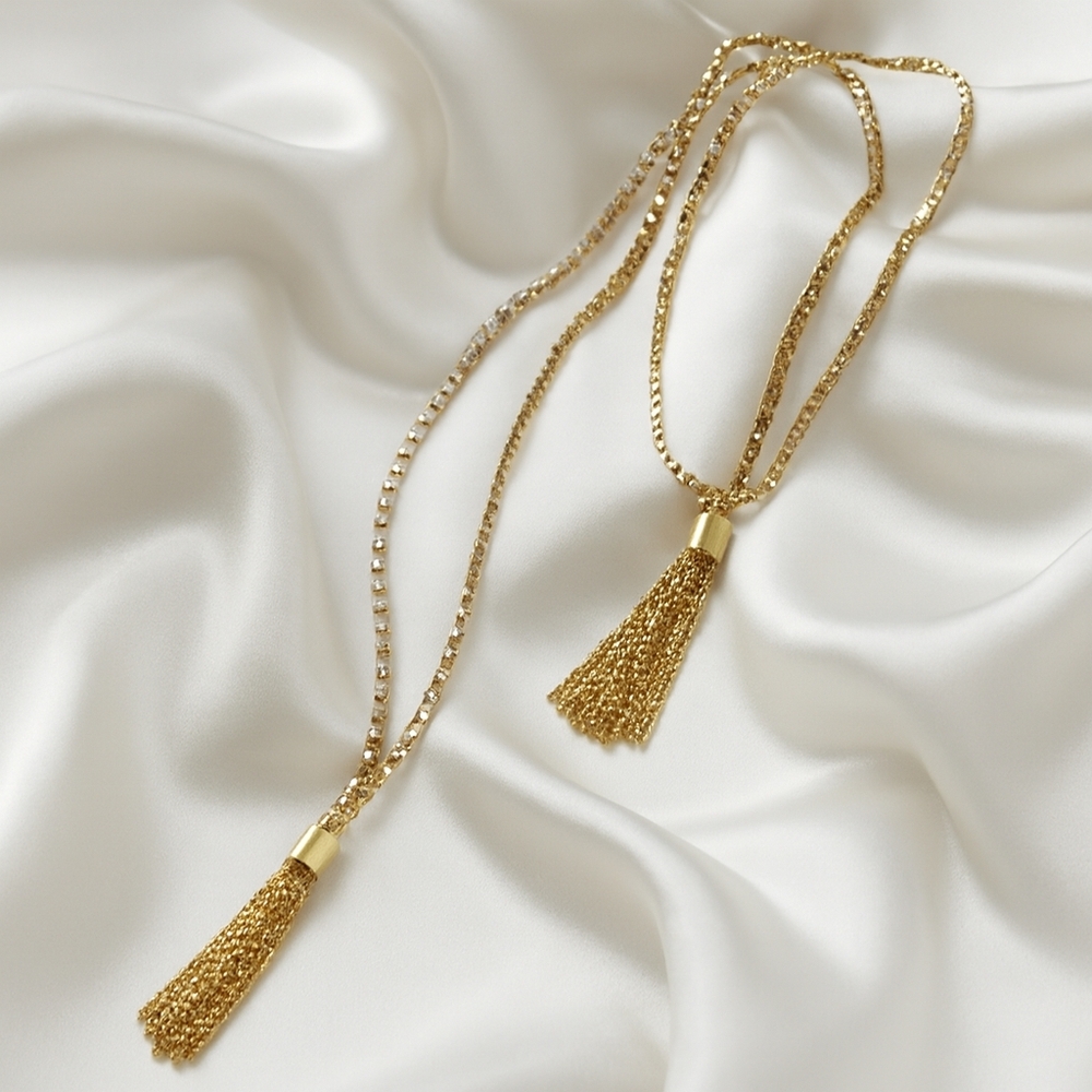 J.Crew Multi Strand Gold Necklace – Tassels & Crystal Accents Statement Jewelry